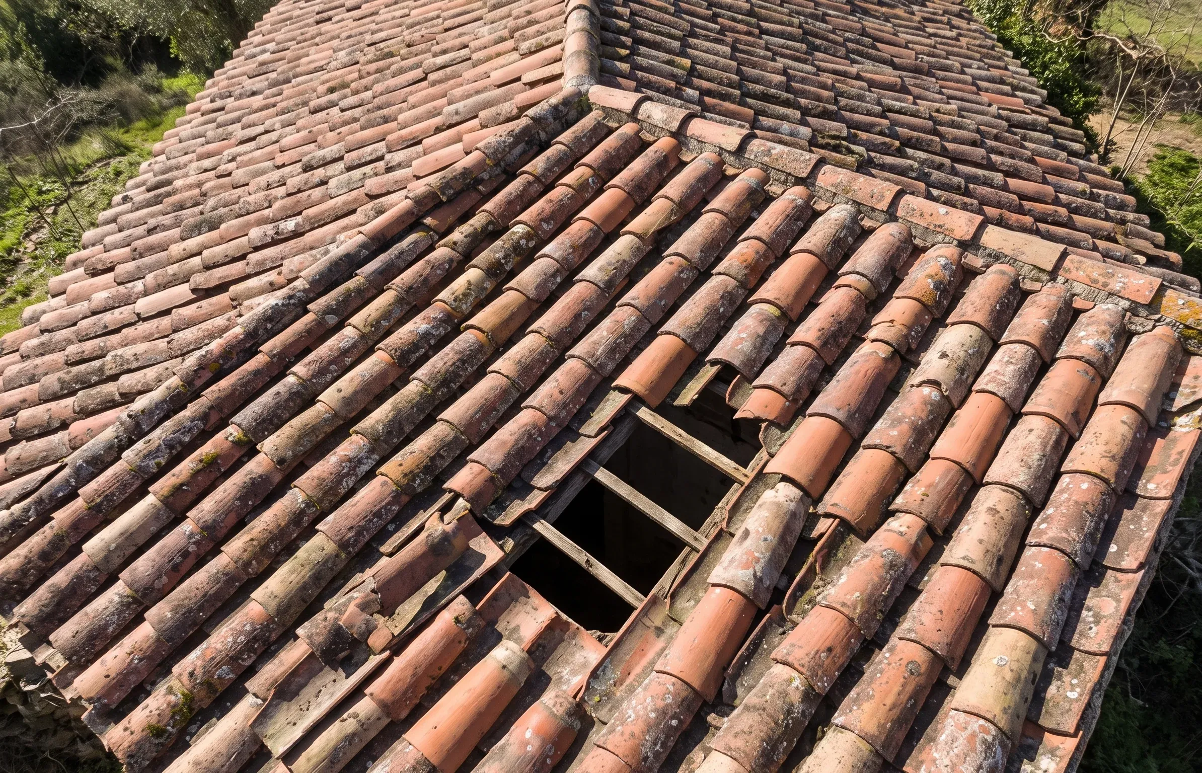 Tejado antiguo visto con dron: un hueco grande entre las tejas deja ver los listones de madera